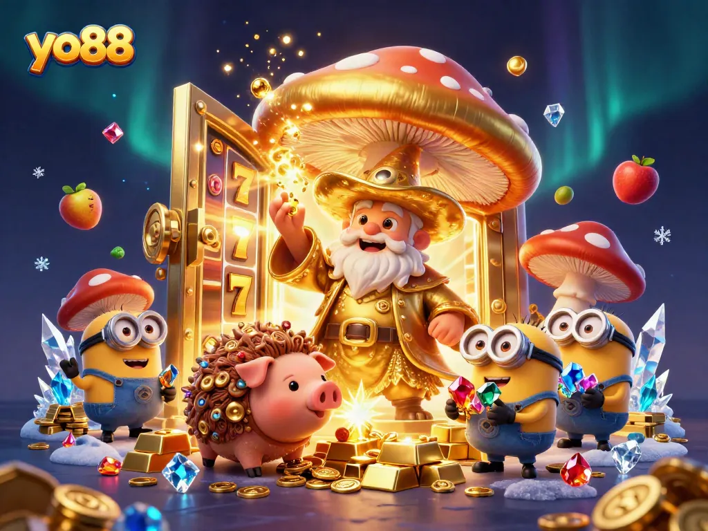 Engage with yo88's thrilling slots featuring golden wizard and treasures in a vibrant casino scene.