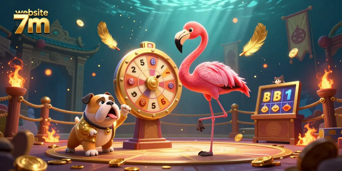 The vibrant scene of website 7m showcases a flamingo host and bulldog contestant at a dynamic gambling game, surrounded by golden coins.