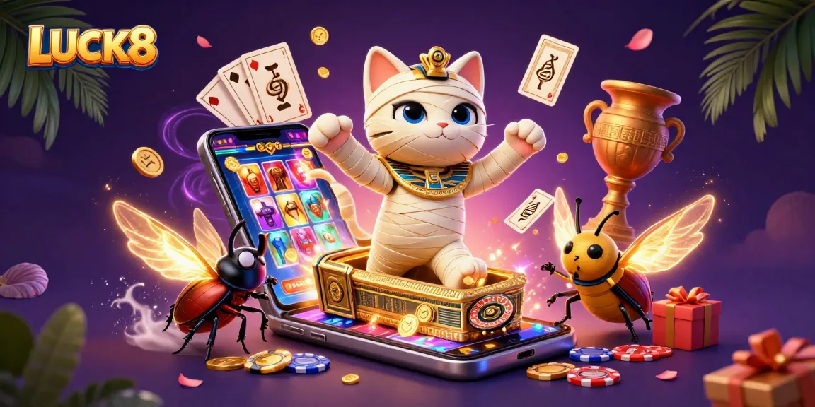 Catch the excitement with LUCK8 as our Egyptian mummy cat bursts into a vibrant casino scene!