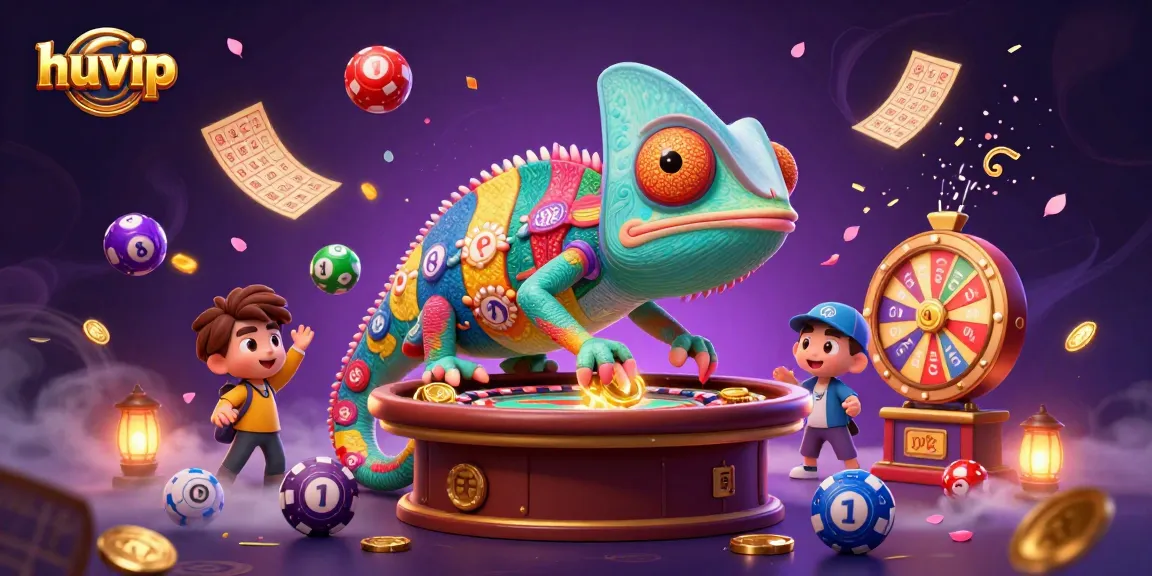 Huvip casino owner chameleon catches golden coins in a vibrant lottery scene.