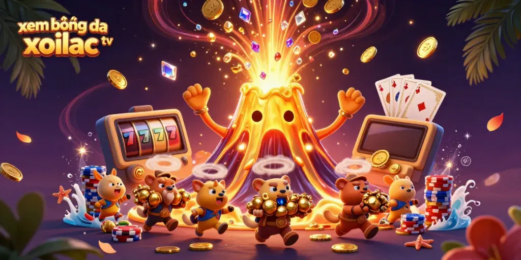 Catch the excitement of xem bóng đá xoilac tv with coins, gems, and treasure erupting from a golden volcano.