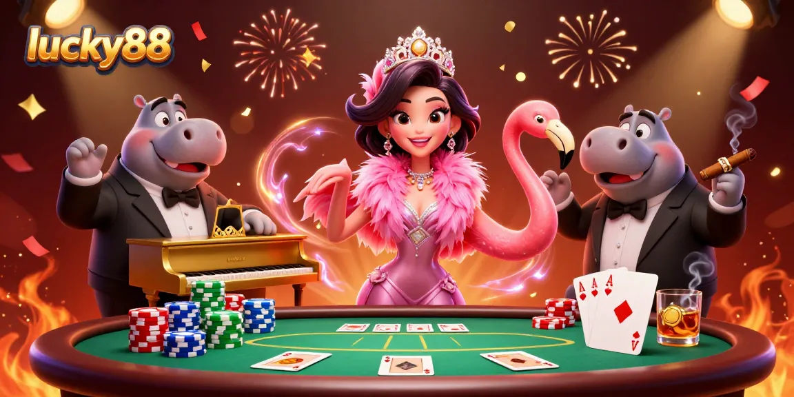 Experience winning stakes at lucky88 with vibrant casino characters amidst glamorous gaming action.