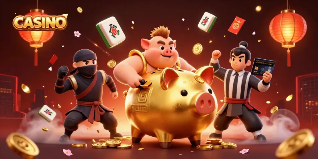 Engaging casino scene showcasing a golden piggy bank sumo wrestler, coins, and vibrant decorations