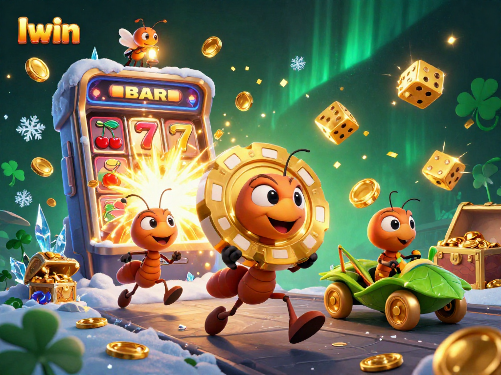 Iwin ants heist scene featuring a massive slot machine explosion and treasures in an engaging 3D illustration