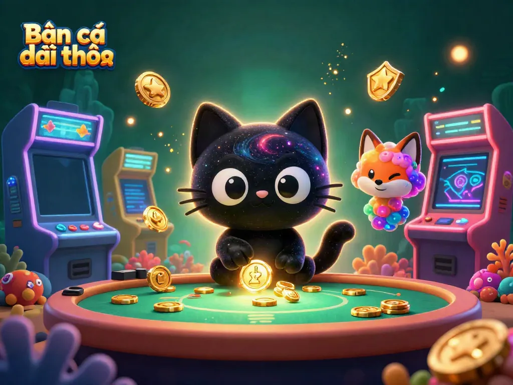 Bắn cá đổi thưởng illustrated scene with energetic fish shooting game elements and vibrant characters.