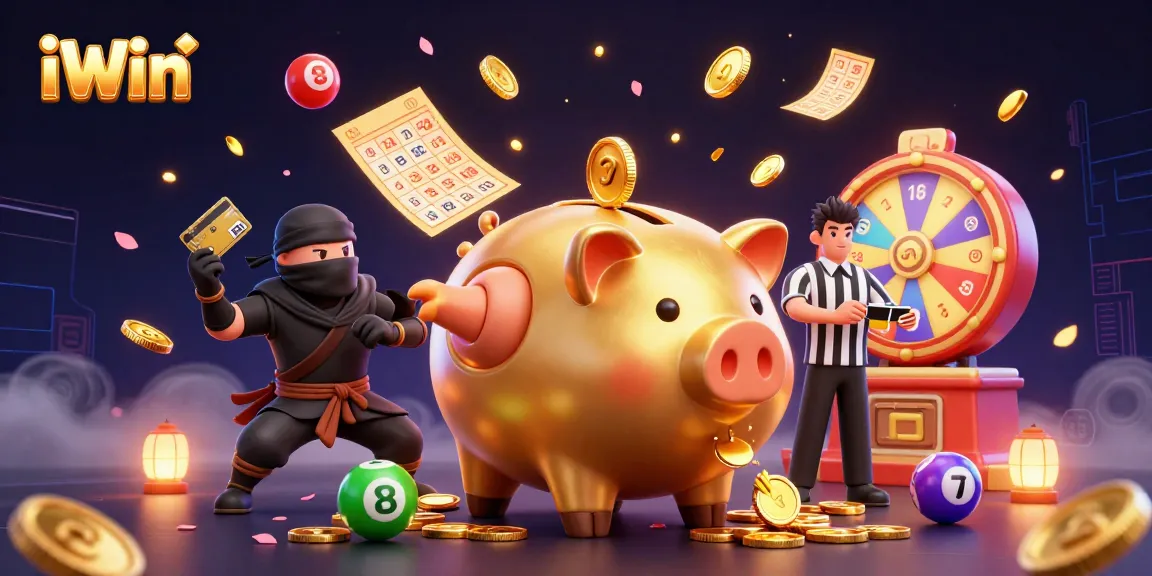 Engaging gaming scene featuring iWin's golden piggy bank sumo wrestler amidst colorful lottery elements.