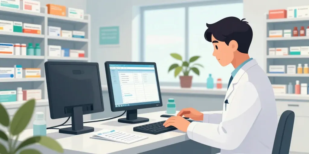 Pharmacist using Uae pharmapedia on digital device in organized pharmacy.