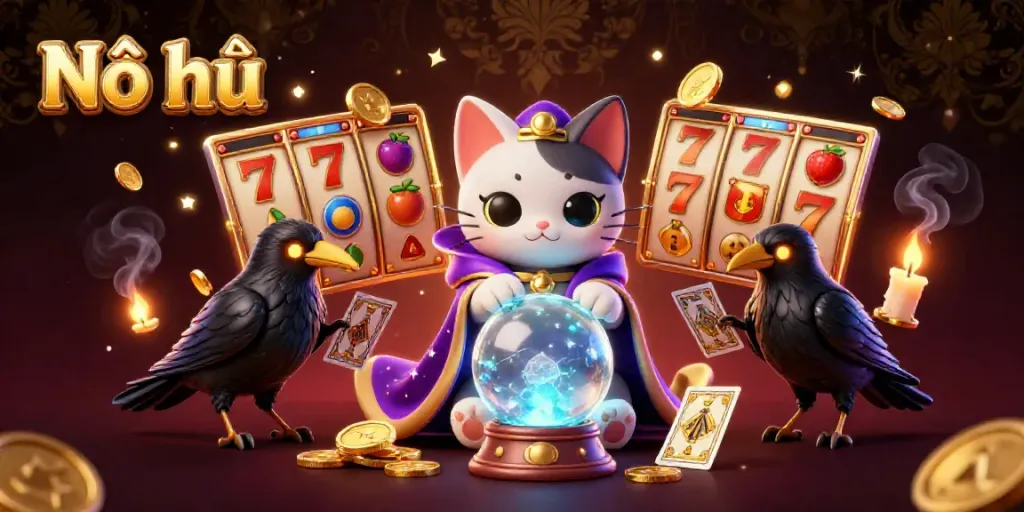 Nổ hũ slots themed illustration with a mystic cat and tarot raven amidst swirling coins and vibrant symbols.