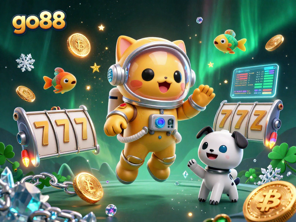 Engage with go88's vibrant gaming universe as a playful cat astronaut and robot dog explore a nebula of joy!