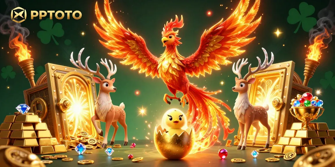 PPTOTO menampilkan adegan kasino yang menarik dengan phoenix yang menyala, harta emas, dan permata yang berwarna-warni.