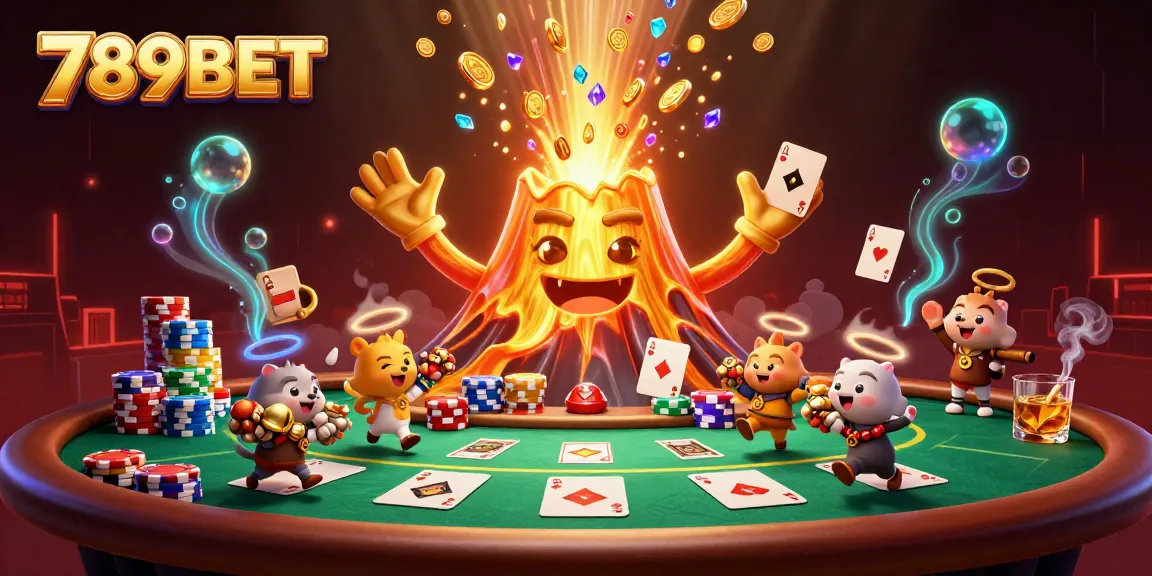 Engage with the thrilling action of 789BET, featuring a golden volcano and treasure seekers in vibrant detail.