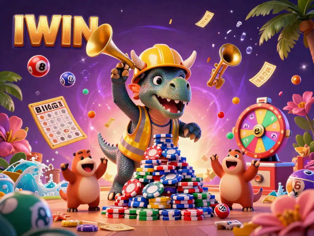 IWIN promotes fun gaming with a vibrant 3D illustration of a triceratops and friends celebrating big wins with colorful casino elements.