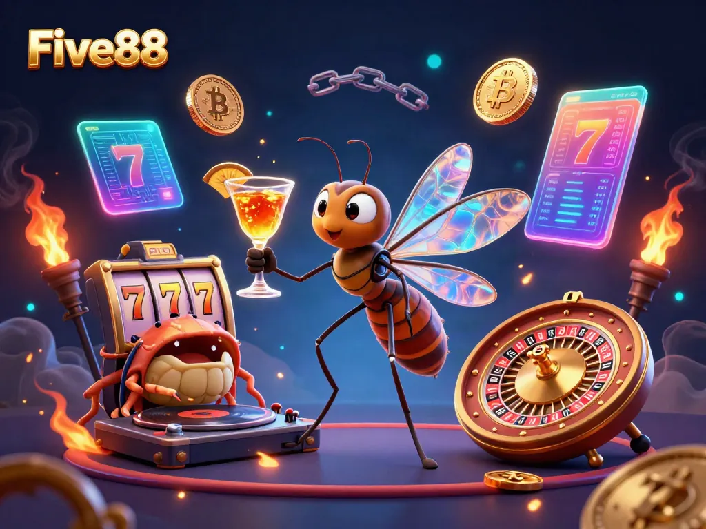 Experience the vibrant energy of Five88 with a lively casino mascot and immersive gaming elements.