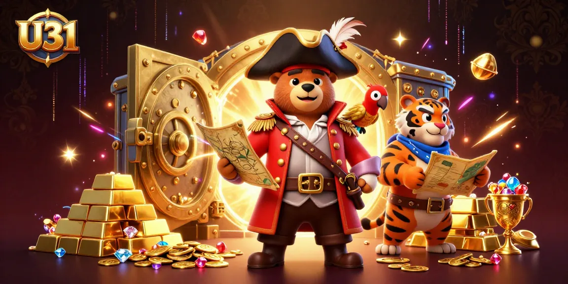 Experience the thrill of U31 casino with captivating characters in a glittering treasure-filled scene.