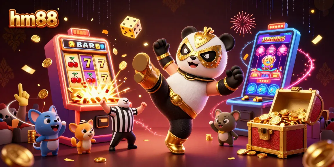 Engage with hm88's vibrant casino world featuring a flying panda wrestler and a jackpot explosion.