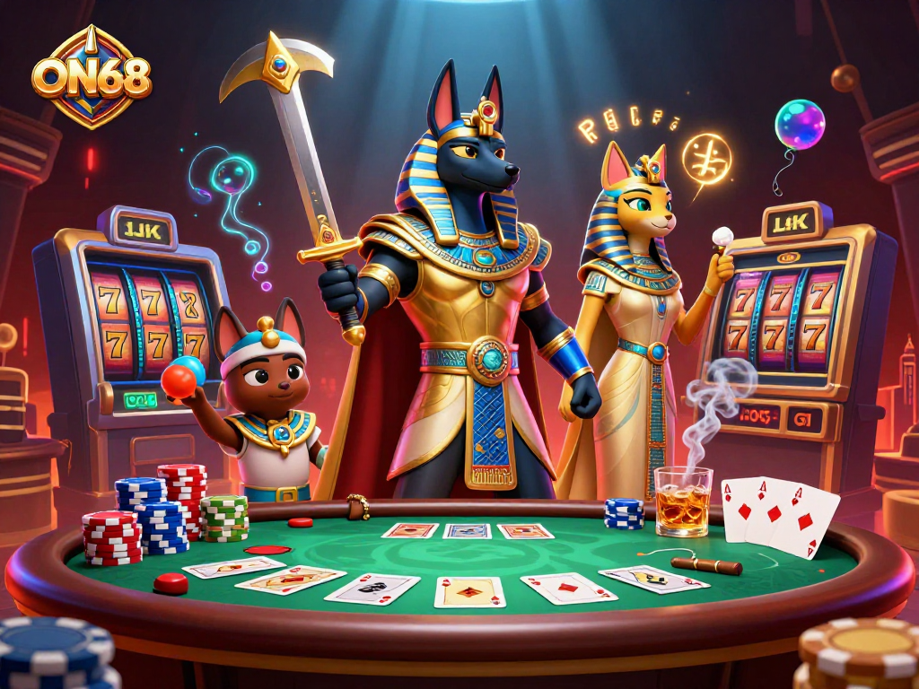 Experience thrilling gaming at ON68 with Anubis and Bastet in a vibrant casino scene.