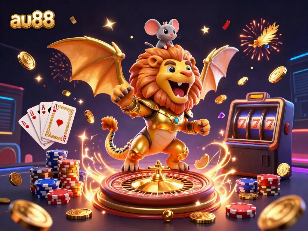 Experience the excitement of au88 as golden coins and cards scatter around a roaring chimera in a vibrant casino scene.