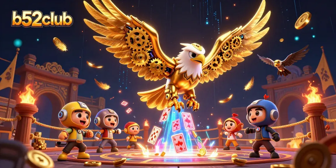 Bets soar at b52club as the golden eagle dives through holographic cards and tokens.