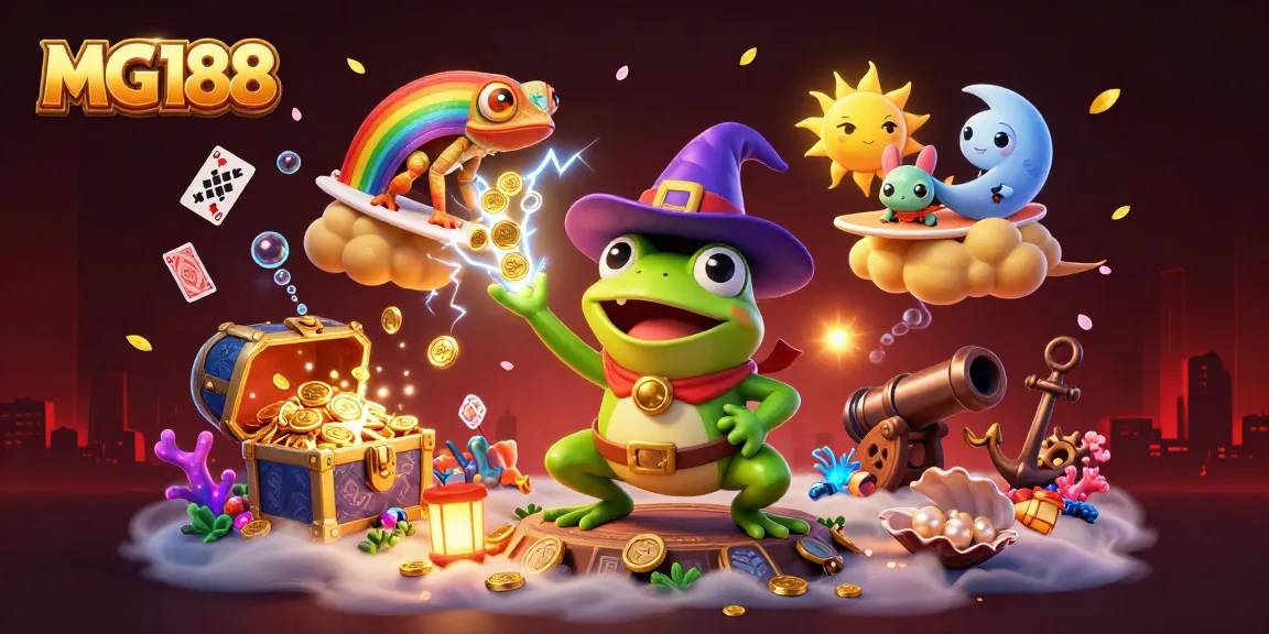 Win big at MG188 with a vibrant scene of a weather wizard frog and chameleon amidst gold coins.