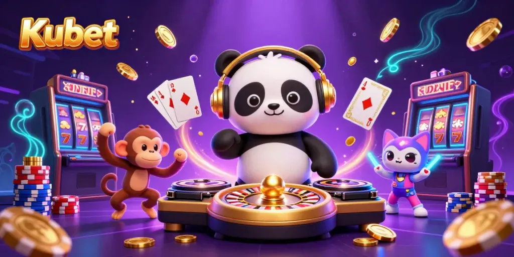 Kubet showcases a vibrant 3D scene with a DJ panda, dancing monkey, and glowing kitten surrounded by casino elements.