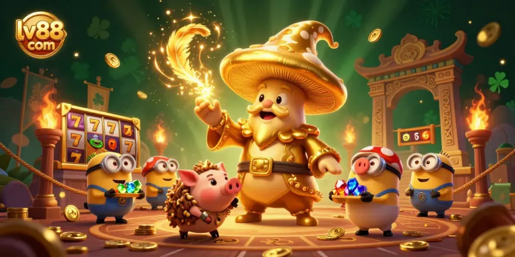 Engage with interactive casino magic at lv88 com, showcasing a golden mushroom wizard and treasures.