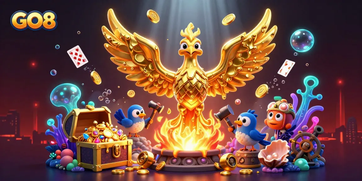 Engage with GO8's gaming world through a dynamic scene with golden phoenix and treasure elements.