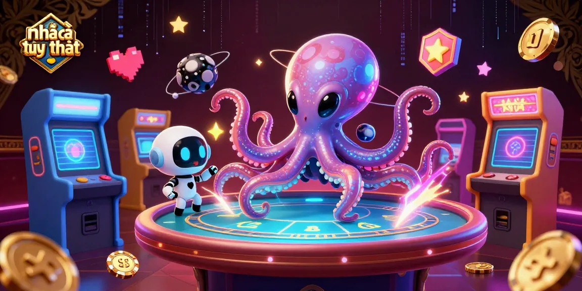 Engage with the vibrant world of nhà cái uy tín through an energetic 3D casino scene featuring an octopus dealer.