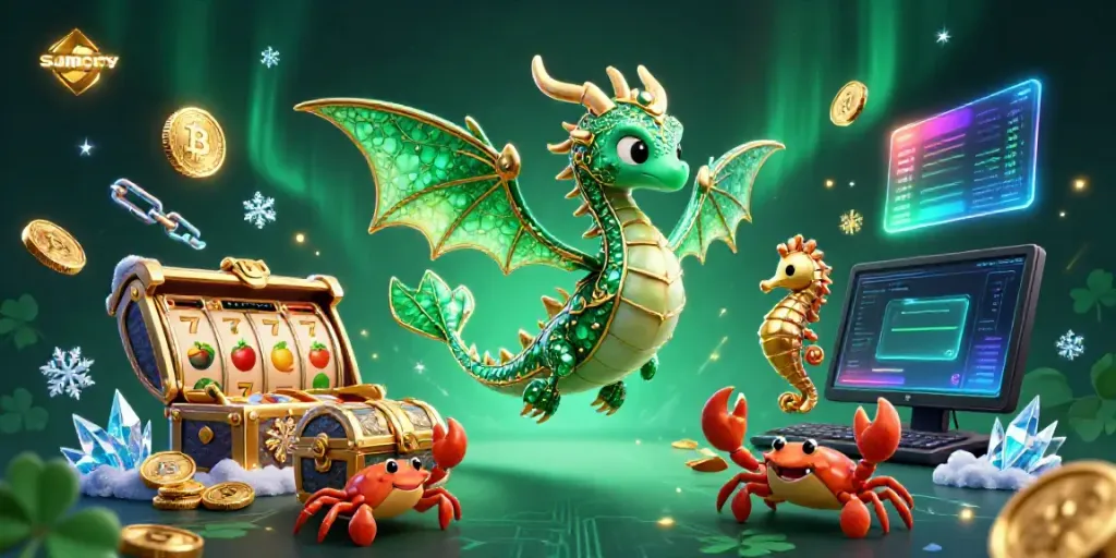 Suncity-themed casino art with a sea dragon and slot machine elements for immersive gaming experience.