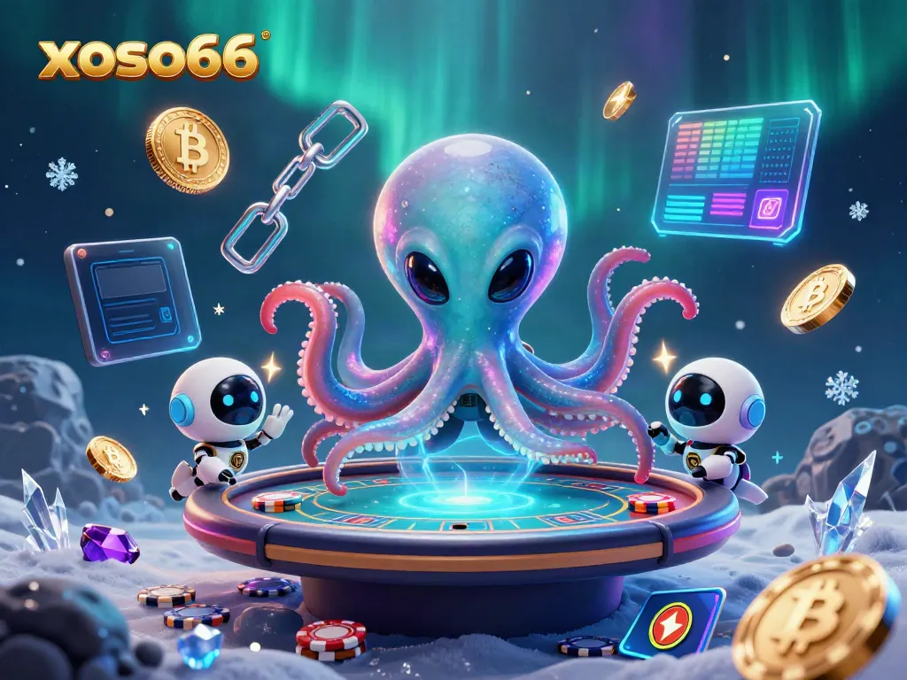 Exciting xoso66 gaming scene with an alien octopus at a poker table, showcasing vibrant crypto elements.