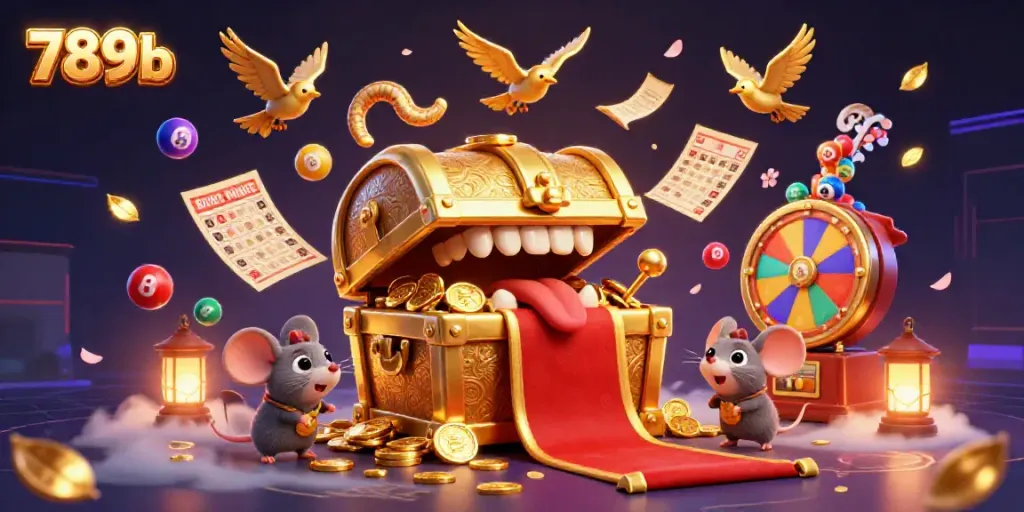 Engage with exciting 789b casino games, showcasing golden treasure and vibrant lottery elements.
