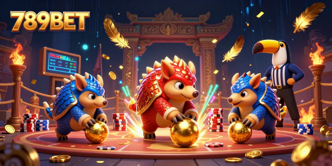 Engage in thrilling action with 789BET as pangolins roll into golden balls amidst a vibrant casino scene.