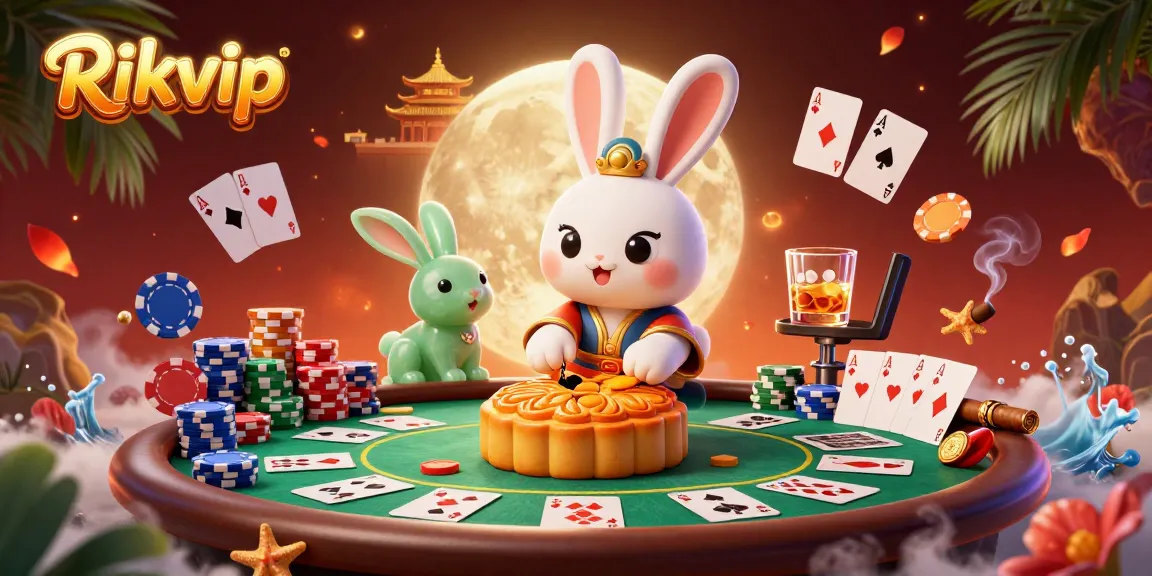 Experience Rikvip with a moon rabbit playing poker and vibrant casino elements around