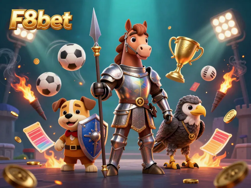 F8bet features an energetic knight and puppy amid a dynamic sports betting scene with vibrant elements.