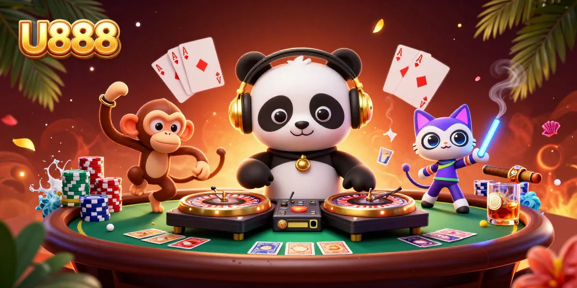 Join the fun at U888 with a lively 3D casino scene filled with vibrant gambling elements.