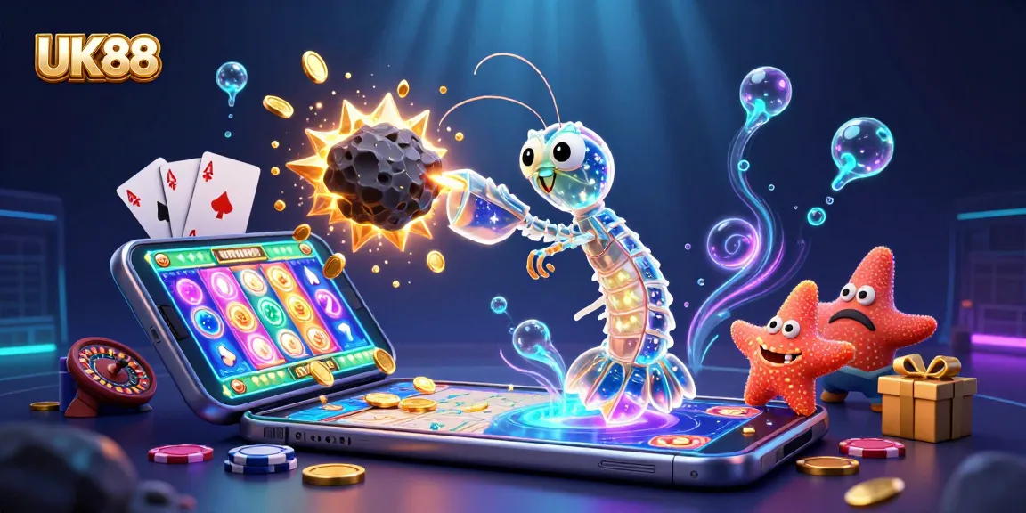 UK88 showcases vibrant 3D samurai mantis shrimp amidst golden gems and thrilling gaming elements.