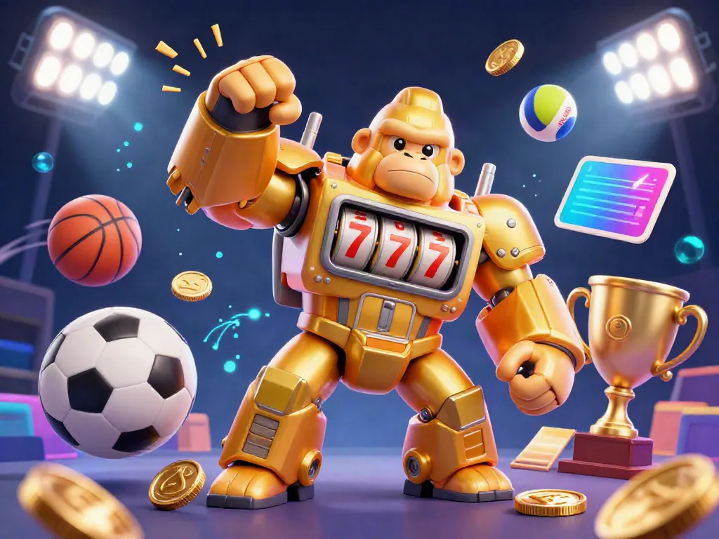 Experience thrilling gameplay at UK88 with a vibrant 3D illustration of a golden gorilla mech and dynamic gaming elements.