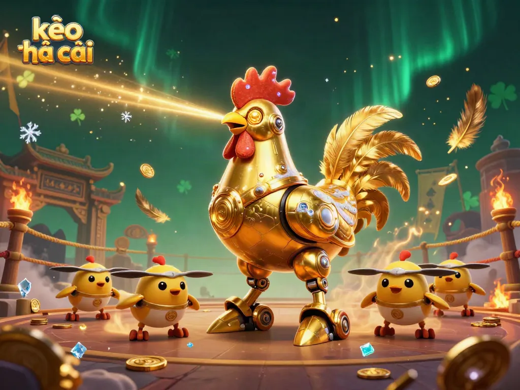 Experience kèo nhà cái with a whimsical golden rooster robot leading baby drones in a vibrant casino scene.