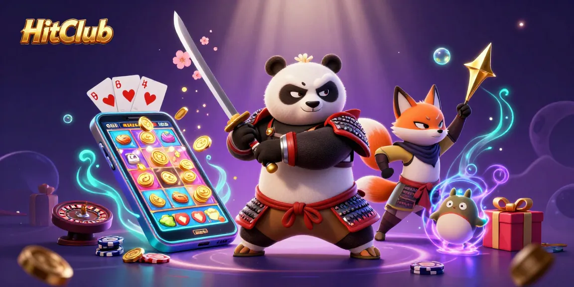 Experience the thrill of HitClub with a vibrant 3D illustration of gaming action featuring unique characters.