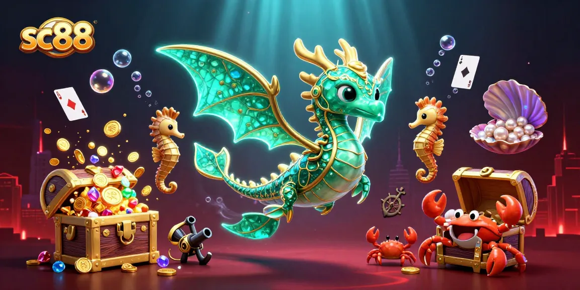 Experience thrilling action at sc88 with vibrant 3D casino elements featuring a sea dragon and treasure.
