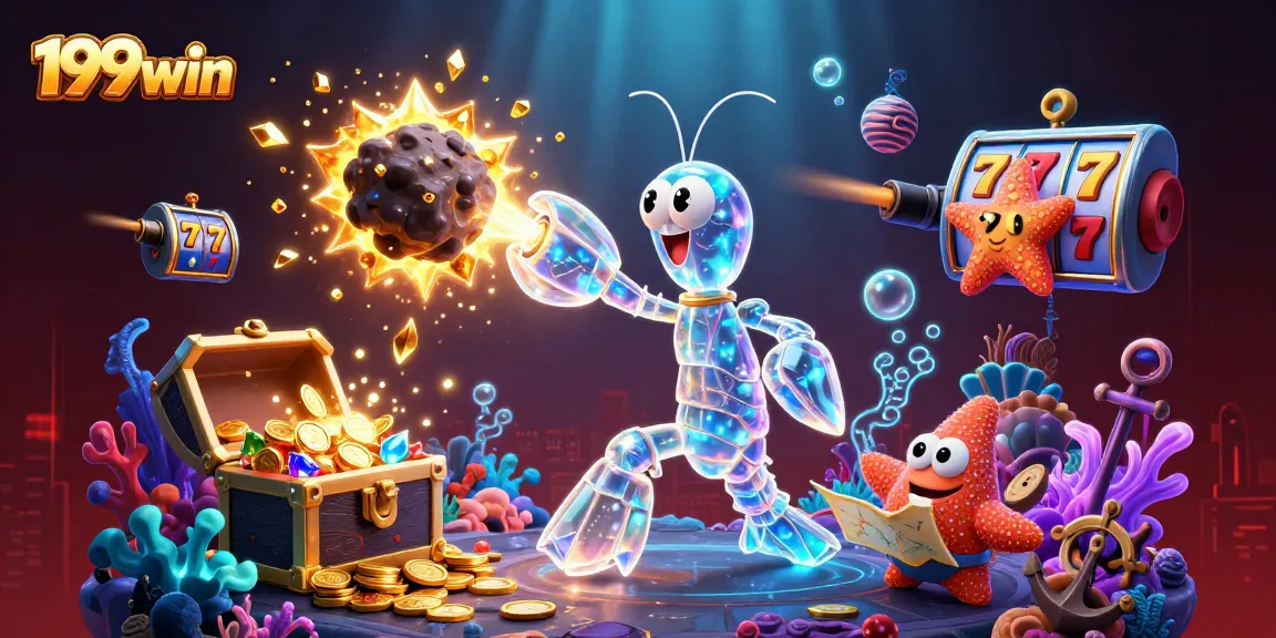 Engage with the thrilling action of 199win as a galactic mantis shrimp bursts through an asteroid showering coins.