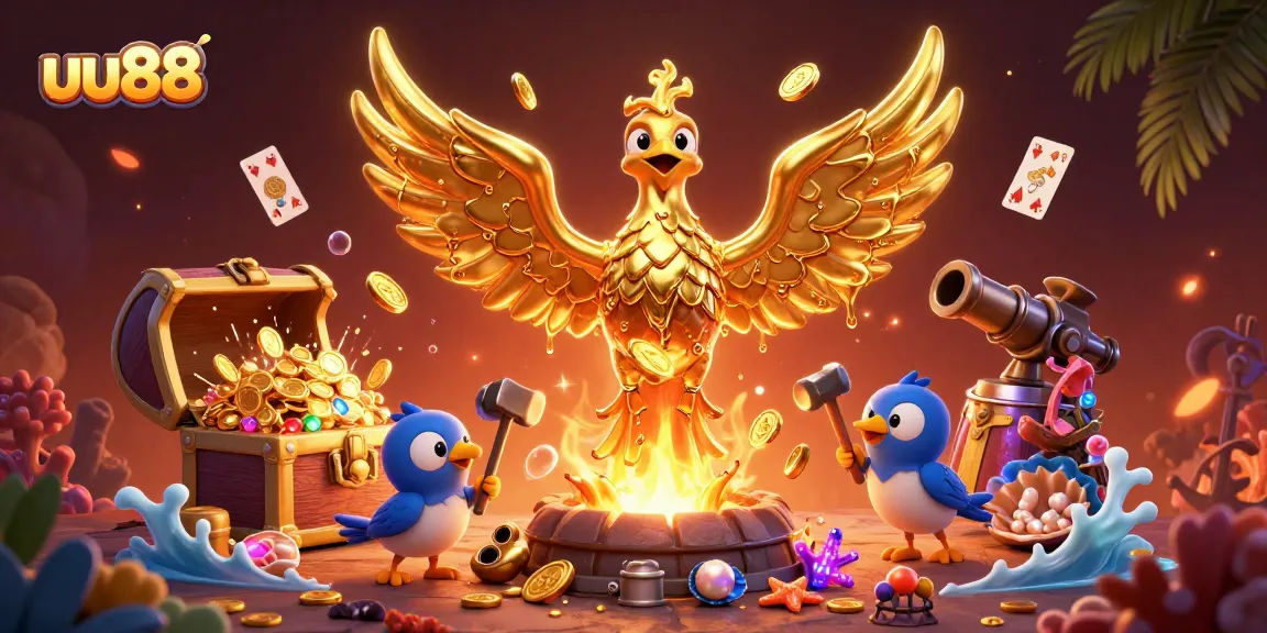 Experience exciting gaming action at uu88 with golden phoenix, underwater treasures, and casino elements.