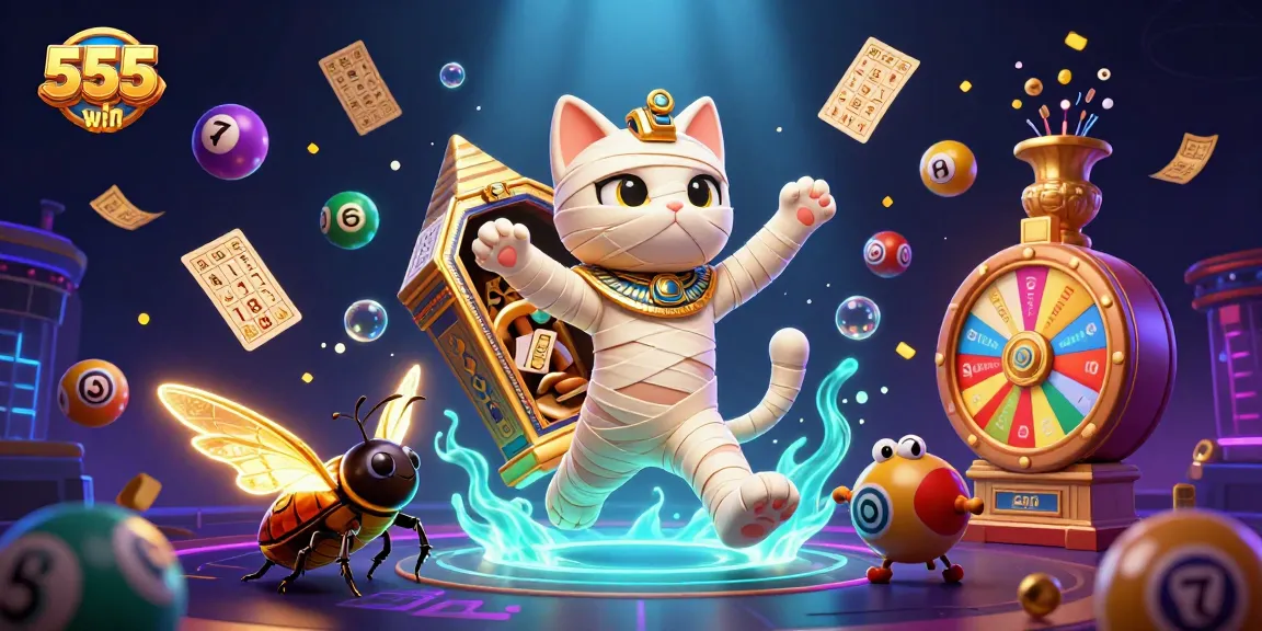 Experience thrilling gaming with 555win's vibrant illustrated scene showcasing a mummy cat and casino action.
