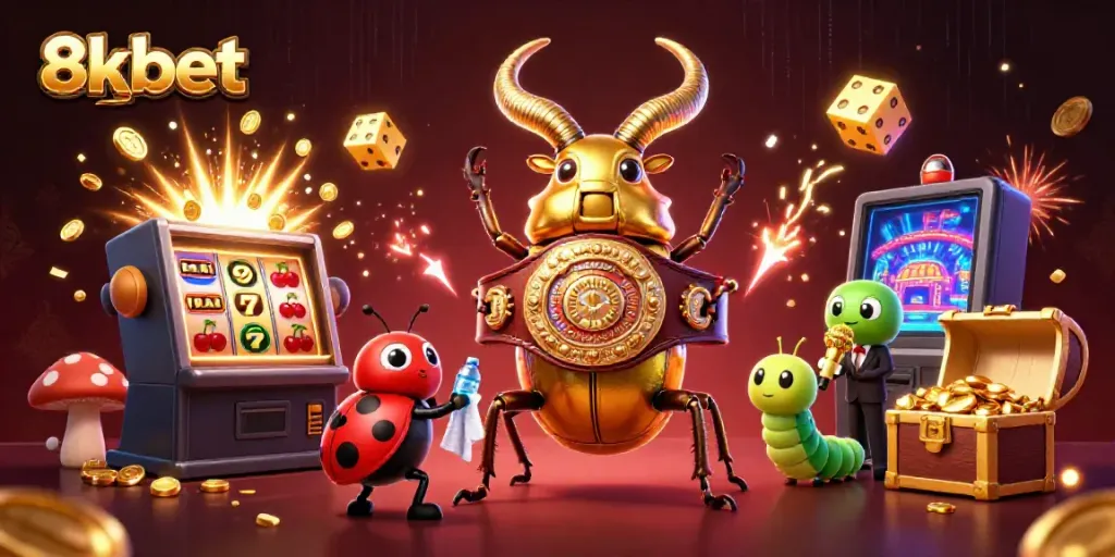 Engage in vibrant gaming action with 8xbet featuring a golden stag beetle and thrilling casino elements.