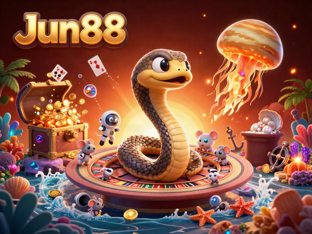 Bet on Jun88 with astronaut mice and a cosmic dealer in this vibrant casino scene.