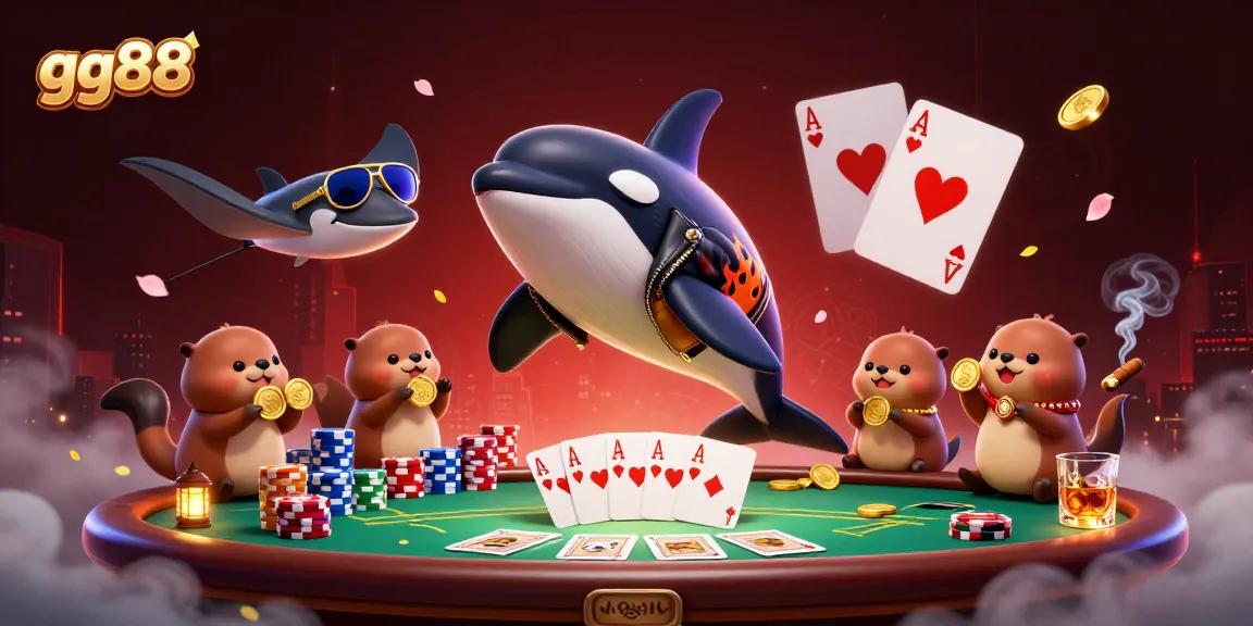 Engage with gg88's exciting poker scene featuring an orca jumping, sea otters with coins, and a stingray.