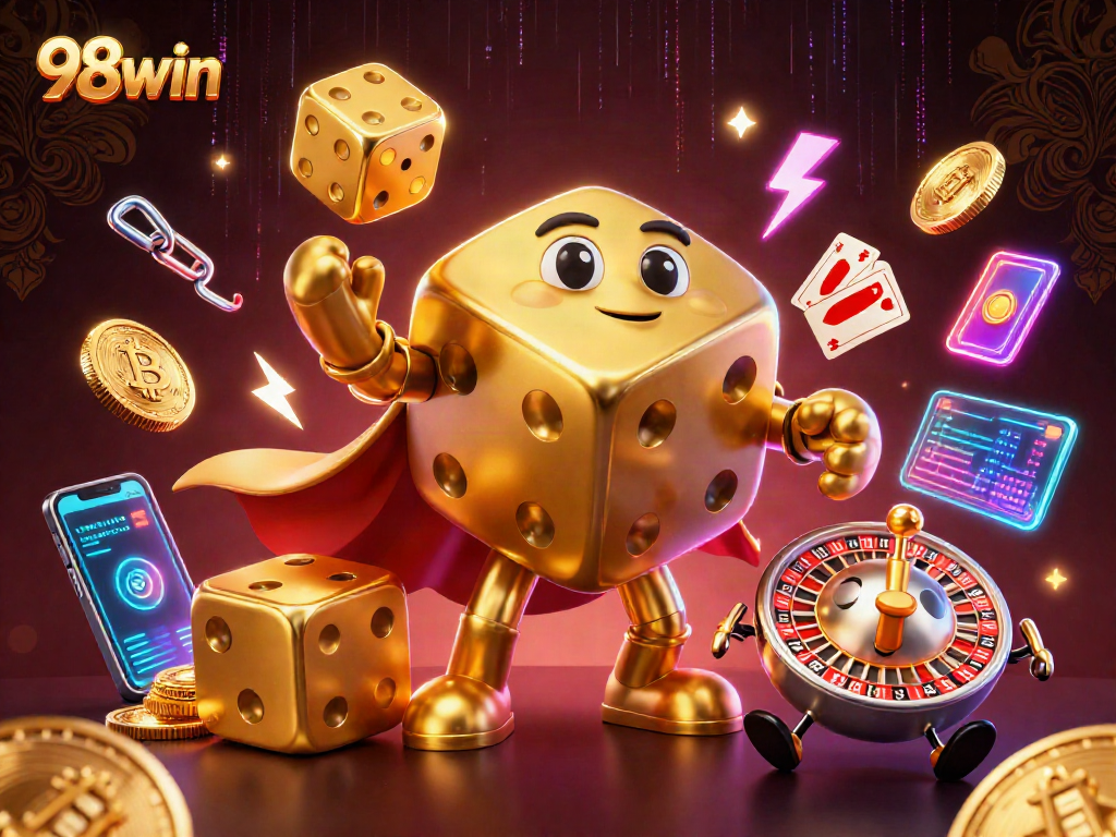 Engage with 98win in this vibrant casino scene showcasing a whimsical golden dice golem and crypto elements.