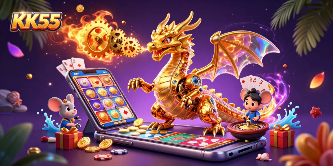 Engage with KK55's thrilling golden dragon and gaming experience amidst vibrant casino elements.