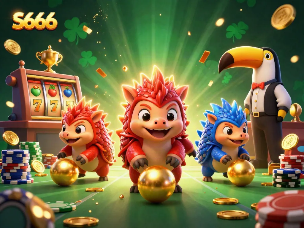 Experience the thrill of S666 with animated pangolins bowling through poker chips and slot reels.