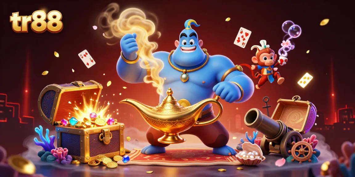 Experience thrilling gameplay at tr88 with a dynamic illustration of a genie, poker chips, and underwater treasures.