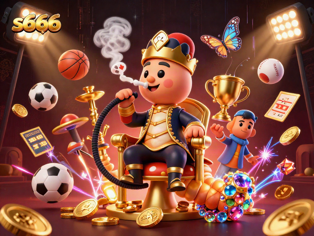s666 showcases a vibrant, dynamic 3D illustration with a hookah-master caterpillar amidst sports betting elements.